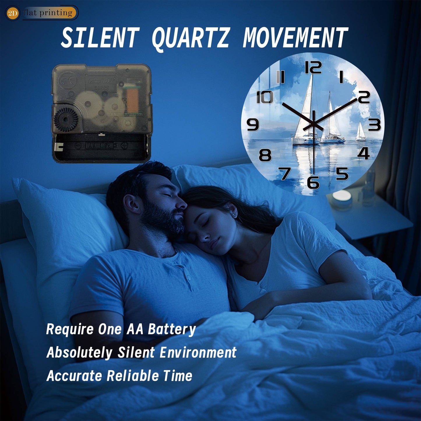 Sailboat Ocean Watercolor Wall Clock, Nautical Coastal Home Office Decor, Silent Quartz Movement Timekeeping Art