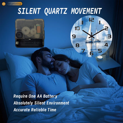 Sailboat Ocean Watercolor Wall Clock, Nautical Coastal Home Office Decor, Silent Quartz Movement Timekeeping Art