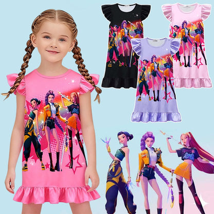 K-POP Demo Hunte Printed Sleeping Skirt Big Butterfly Sleeve Loose Pajamas Children Girls Sleeping Clothing Casual Home Wear