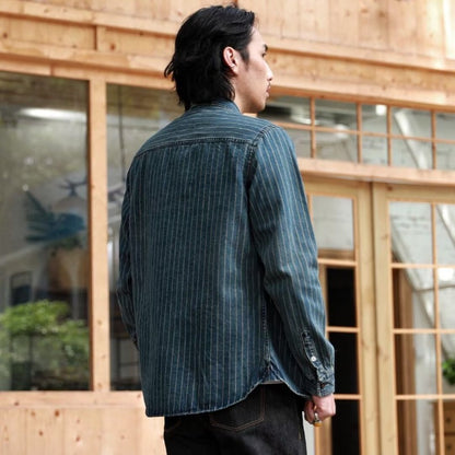 Amekaji Cargo Shirts Men's Vintage Vertical Stripe Denim Jackets Washed Distressed Pocket Trim Casual Coats Spring Autumn Shirts