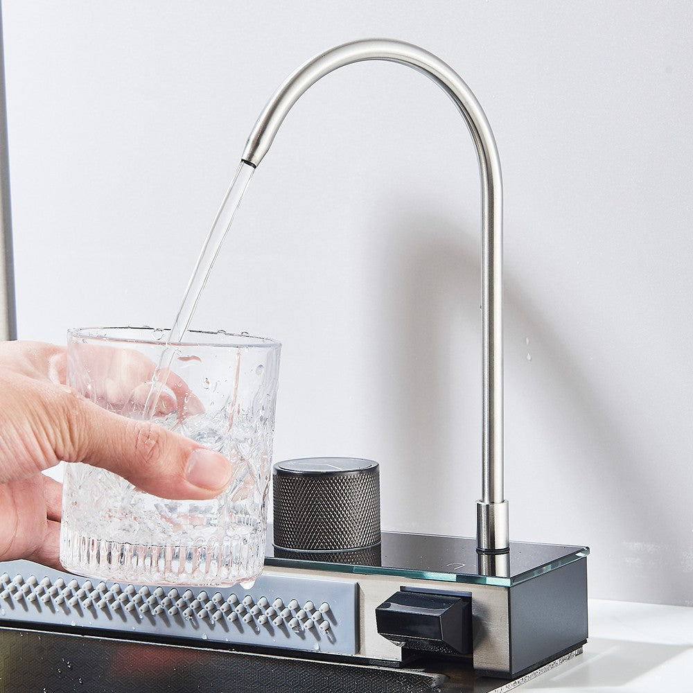 304 Stainless Steel Waterfall Kitchen Sink Large Single Slot Integrated Digital Display Faucet Set Soap Dispenser 75*45cm