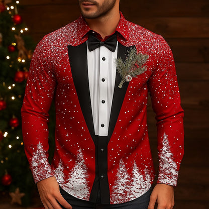 Men's Christmas Snowflake Formal Shirts 3D Printed Tie Design Elegant Tuxedo Style,Holiday Party Wedding Attire,Spring Fall Wear