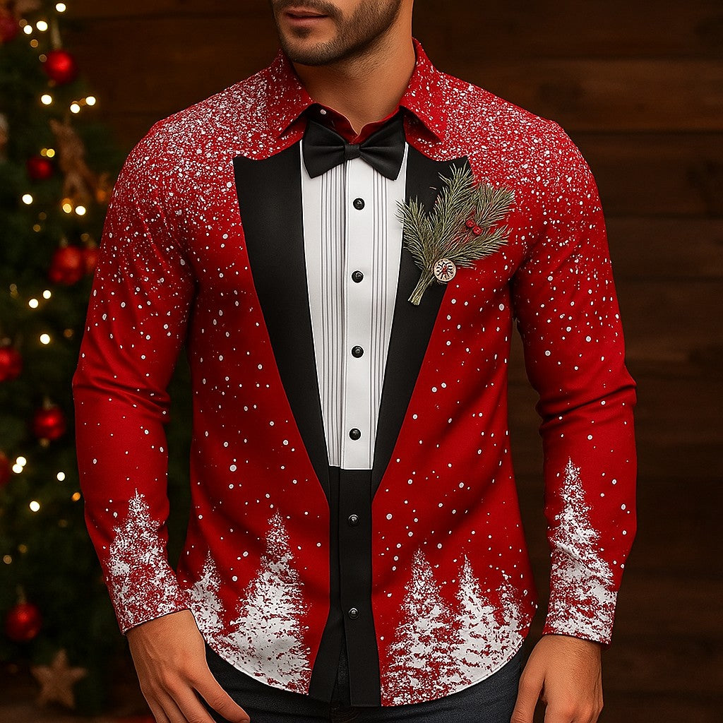 Men's Christmas Snowflake Formal Shirts 3D Printed Tie Design Elegant Tuxedo Style,Holiday Party Wedding Attire,Spring Fall Wear