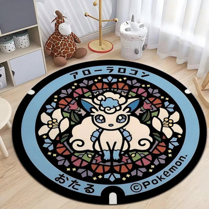 MINISO Japanese Anime Pokemon Round Rugs Non-Slip Floor Mat for Home Living Room Bedroom Circle Rug Washable Round Carpet Decor