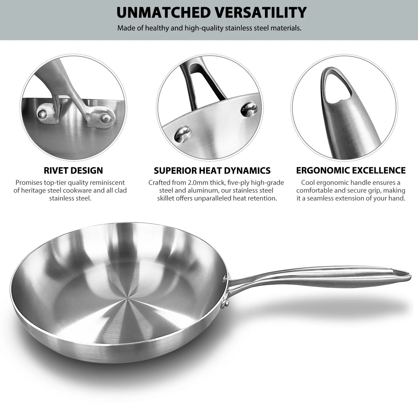 Frigideira de Aço Inoxidável 304 Antiaderente Panela para Bife Panela sem Revestimento Utensílios de Cozinha para Fogão a Gás e Cooktop de Indução