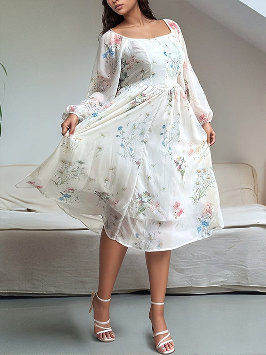 Sexy Semi-Transparent Square Neck Long Sleeve Plus Size Dress Elegant Flower Print Midi Dress On Sale Clearance Party Dresses