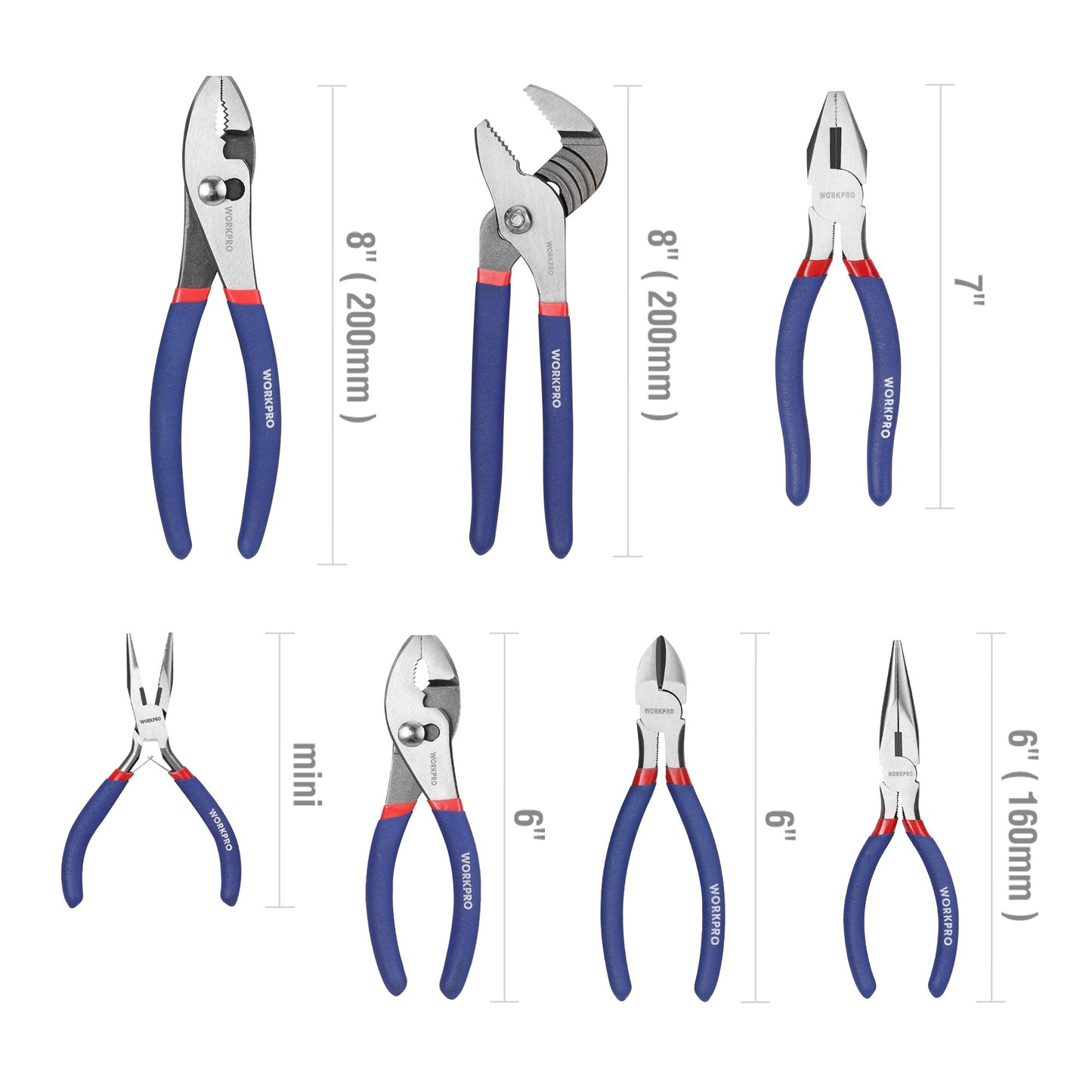 Conjunto de Alicates WORKPRO com 7 Peças (Bico Reto, Bico Longo, Universal, Eletricista e Corte Diagonal) para Trabalhos Manuais