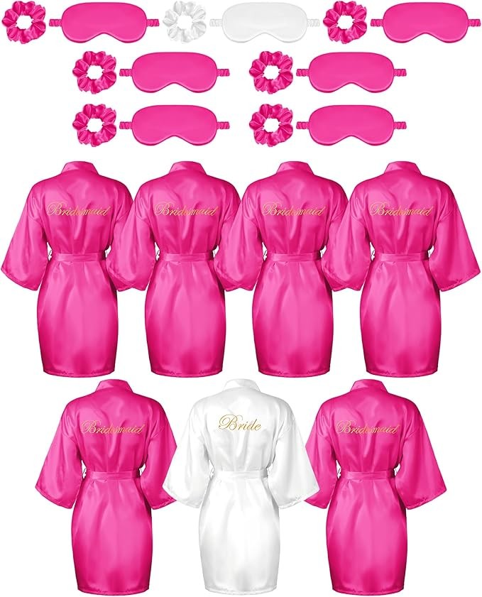 7 Pcs Bridesmaid Robe Sets Bride Silk Satin Bridal Party with Sleeping Eye Mask and Elastic Headband