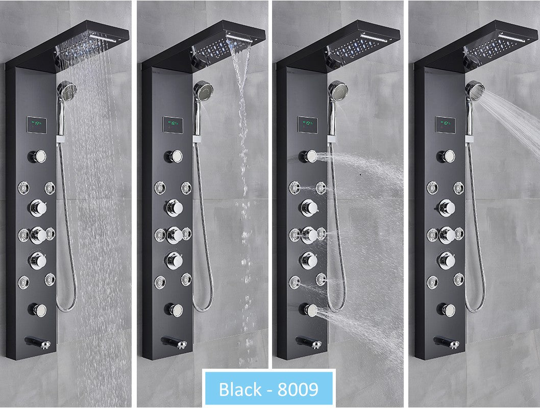 Sistema de Torre de Painel de Chuveiro de LED Coluna de Chuveiro de Cascata de Chuva com Tela LCD de Hidroeletricidade com Torneira de Chuveiro de Spa de Corpo com Massagem