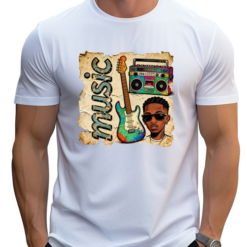 Loose large size Cartoon guitar street style T-shirt cool graphic print Fun Hip Hop 100% Cotton Top