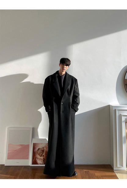 Mauroicardi Autumn Winter Extra Long Warm Black Loose Casual Wool Blends Coat Men Luxury Floor Length Overcoat Korean Fashion