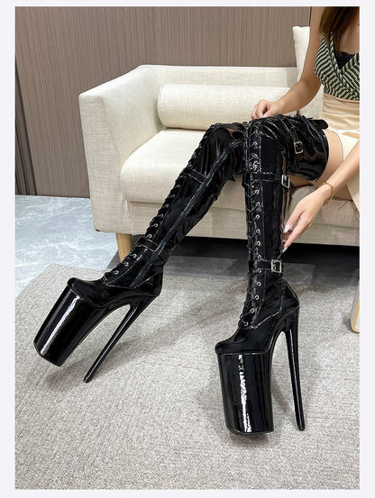 26cm Super High Heel Thigh High Boots Sexy Women Shoes Pole Dance Stripper Shoes Platform Over-the-Knee Zip Crotch High Boots