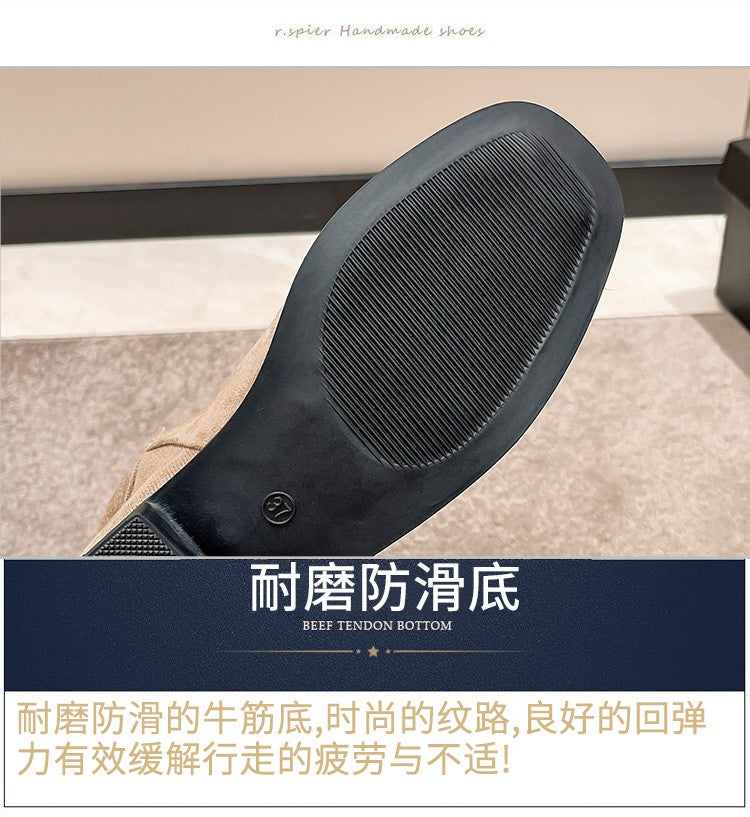 Pleated Boots Women Faux Suede Flock Knee High Boots 2024 Winter Women Fashion Slip on Square Low Heel Knight Booties Mujer 202