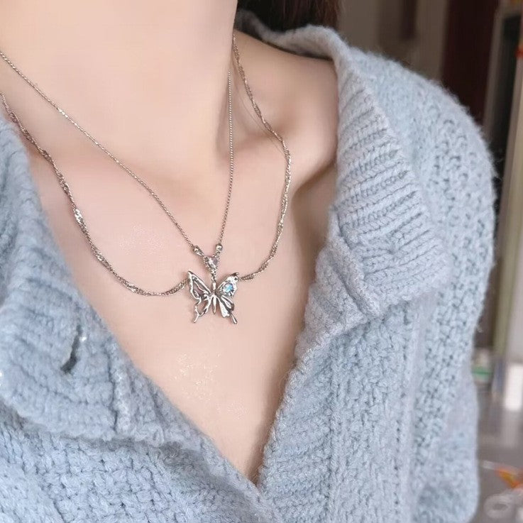 Colar coreano com pingente de laço de coração de cristal rosa, corrente prateada, para mulheres, joias estéticas para casamento
