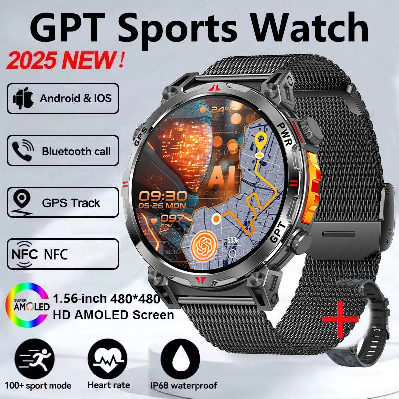 Smartwatch Esportivo 2025 com GPS, GPT, AMOLED de 1,56 polegadas, 488*488, Monitoramento de Frequência Cardíaca, Oxigênio no Sangue e Pressão Arterial, 3ATM