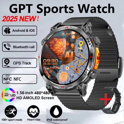 Smartwatch Esportivo 2025 com GPS, GPT, AMOLED de 1,56 polegadas, 488*488, Monitoramento de Frequência Cardíaca, Oxigênio no Sangue e Pressão Arterial, 3ATM