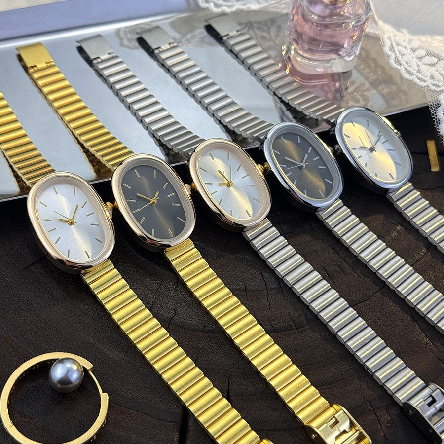New Golden Retro Fashion Elliptical Quartz Watch Ladies Steel Strap Gold Watch Stylish Niche Timepiece