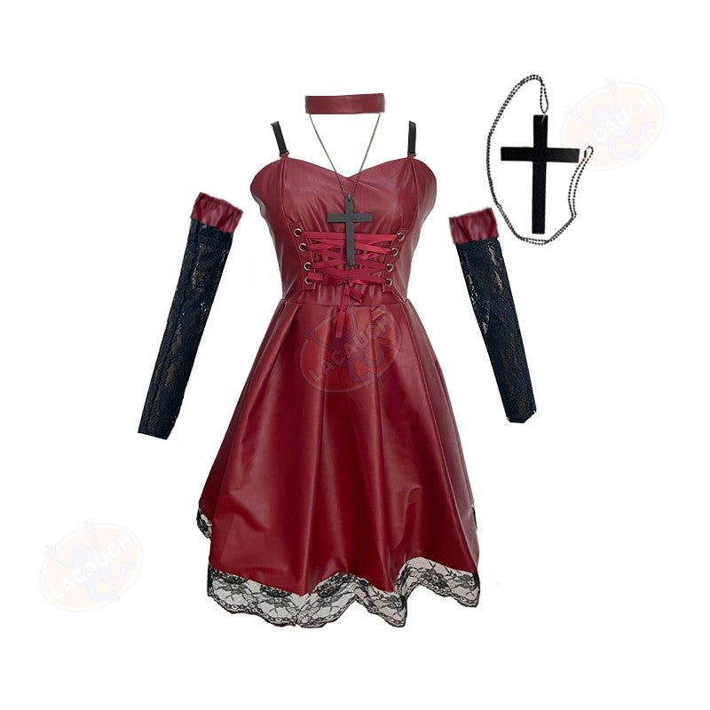 Death Note Cosplay Costume Misa Amane Imitation Leather Sexy Dress +Neck jewelry+stockings+necklace Uniform Outfit Halloween Wig