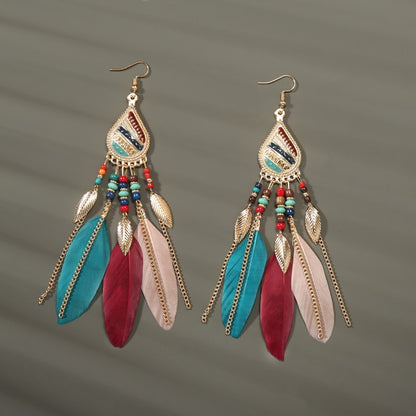 Brincos femininos longos de pena estilo boho, praia, com borla longa, miçangas, flores artesanais esmaltadas, para noiva, casamento, Pendientes Mujer