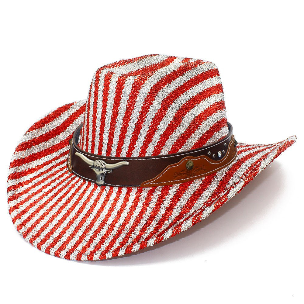 Chapéu Fedora Estampado Listrado para Homens e Mulheres, Chapéu de Cowboy Cowgirl com Aba Larga Enrolada Ocidental de Pano Bronzeador para Festas de Halloween
