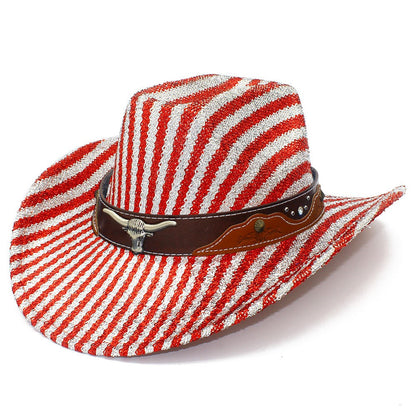 Chapéu Fedora Estampado Listrado para Homens e Mulheres, Chapéu de Cowboy Cowgirl com Aba Larga Enrolada Ocidental de Pano Bronzeador para Festas de Halloween