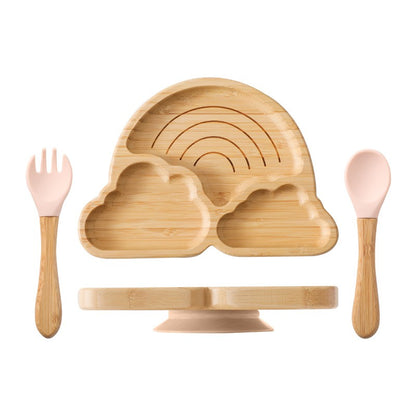 Baby Wooden Tableware Set Could Bamboo Wooden Plate Bowl Silicone Suction Wooden Handle Fork Spoon for Children Feeding Supplies