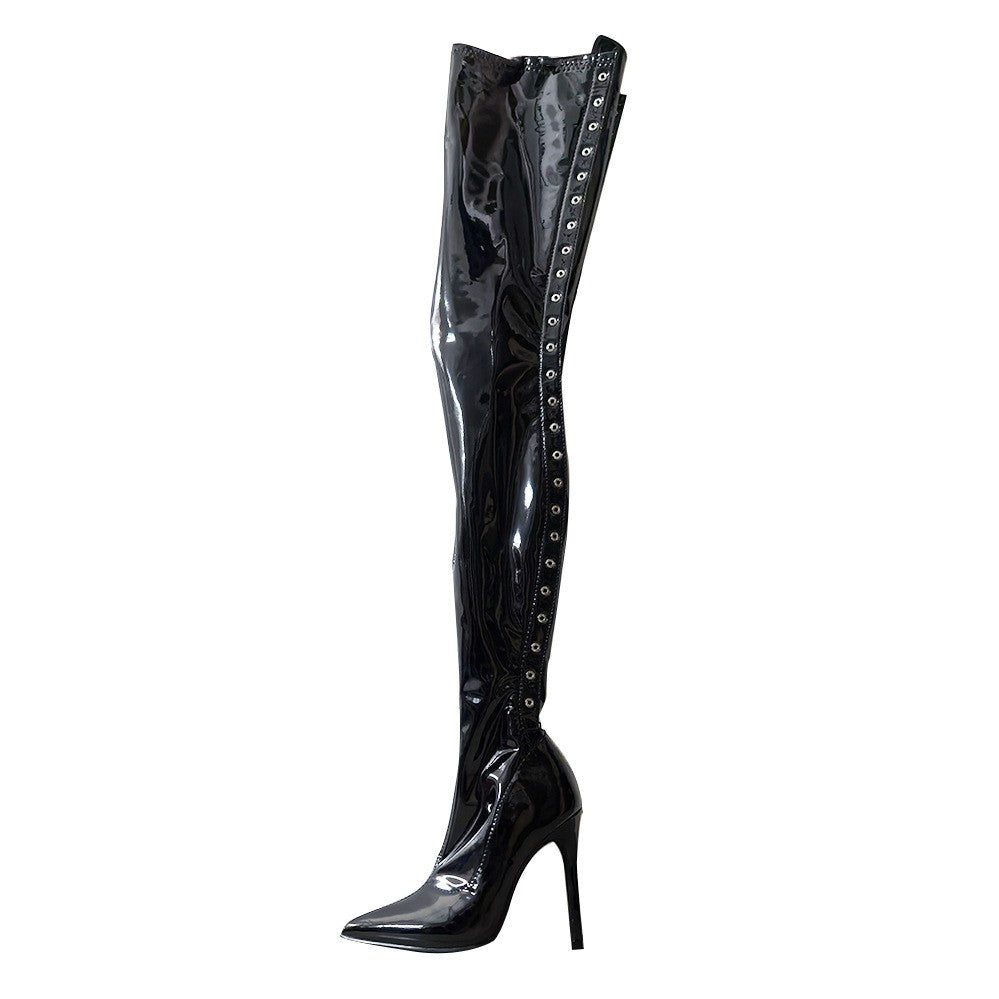 13CM Thin Heel Black Lace-up Over the knee Boots Woman Fetish Pointy Toe Boots Elastic Leather Thigh High Sexy Women Party Shoes