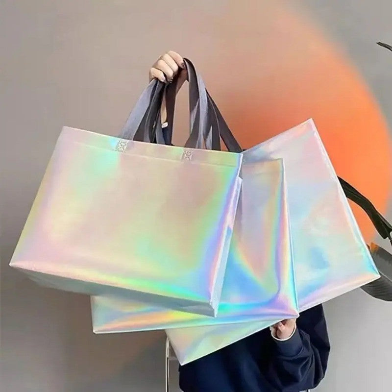 10Pcs Reusable Silver Laser Tote Bag Durable Non Woven Gift Shopping Bag for Wedding Bridesmaid Party Birthday Eco Friendly