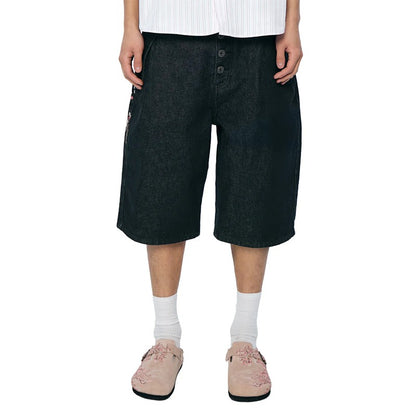 Fashion Retro Cherry Blossom Pattern Embroidery Black Denim Shorts Gothic Hip Hop Men Women Versatile Casual Streetwear Summer