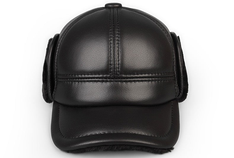 High Quality Genuine Leather Hats Winter First Layer Cowhide Warm Earmuffs Bomber Caps Plus Velvet Thicken Man Bone Caps Dad Hat
