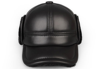 High Quality Genuine Leather Hats Winter First Layer Cowhide Warm Earmuffs Bomber Caps Plus Velvet Thicken Man Bone Caps Dad Hat