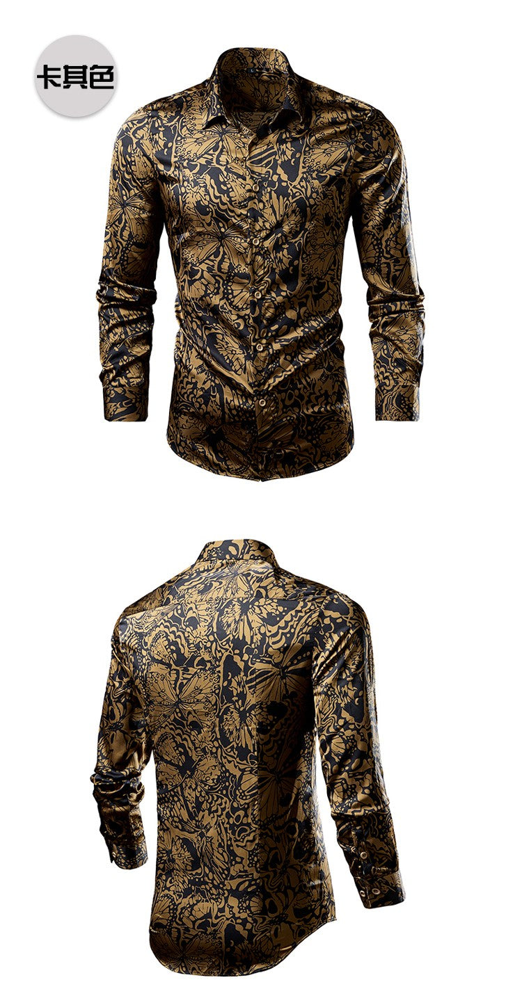 QJ CINGA Brand Men Leopard Print Long-sleeved Shirt, White Single-breasted Button-down Collar Printed Shirts, Asian Size M-6XL