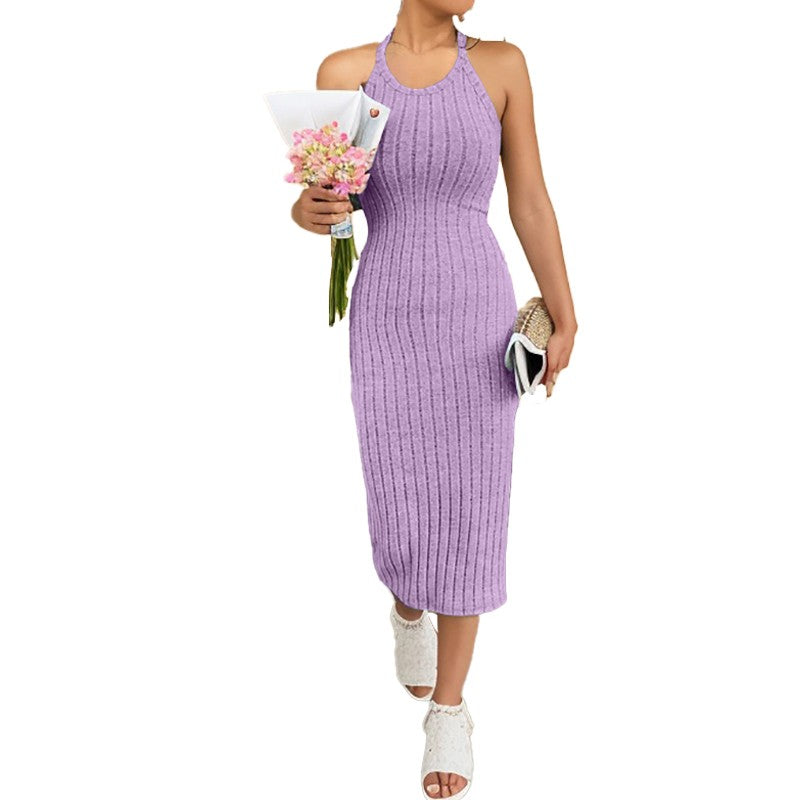Solid Halter Neck Bodycon Midi Dress High-end temperament vest halter dress wome