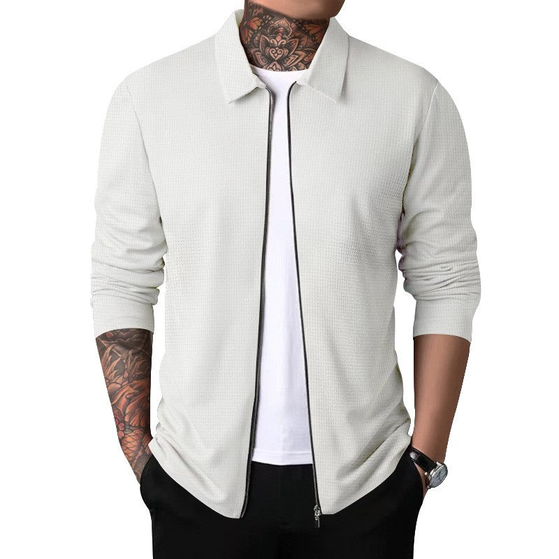 2024Summer Popular Waffle Outdoor Polo Collar Jacket Men's Coat Nick Garment Casual Sports Zipper Cardigan Long Sleeve Coat