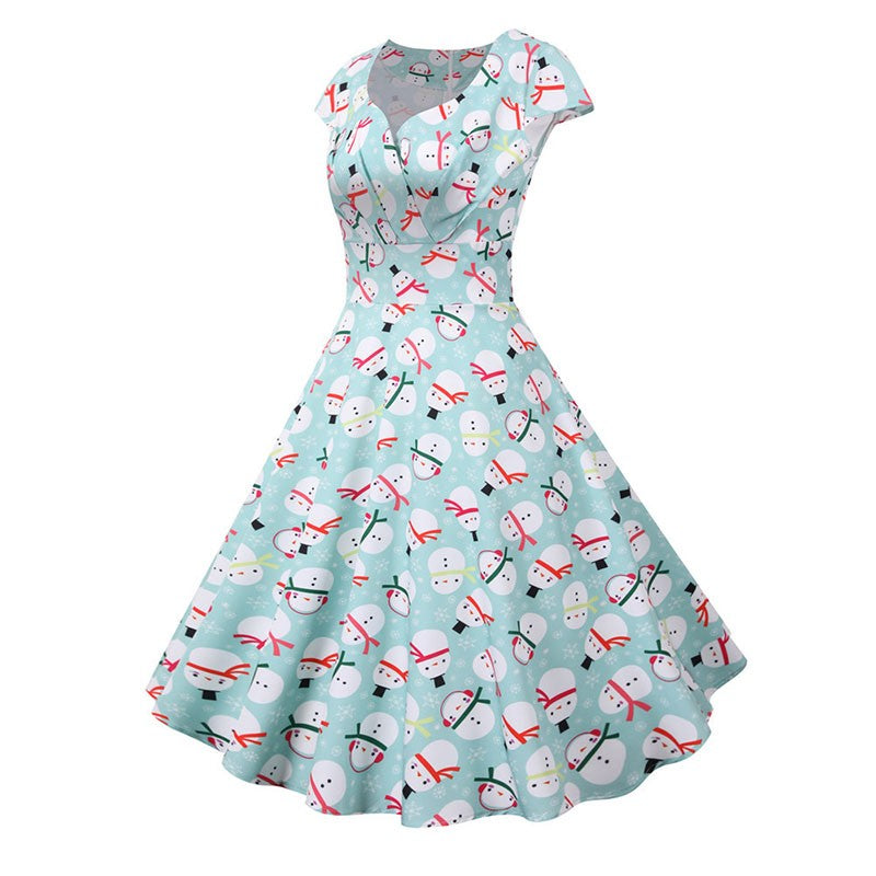 Fashion V-neck Short Sleeve Printed Christmas Dress Large Swing Vintage Elegant Xmas Party Dress
