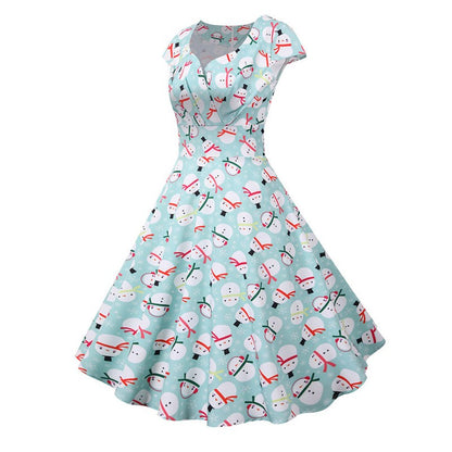 Fashion V-neck Short Sleeve Printed Christmas Dress Large Swing Vintage Elegant Xmas Party Dress