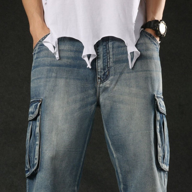 2025 new European and American multi pocket work pants, seven quarter denim shorts, men's wide leg loose oversized trendy brand