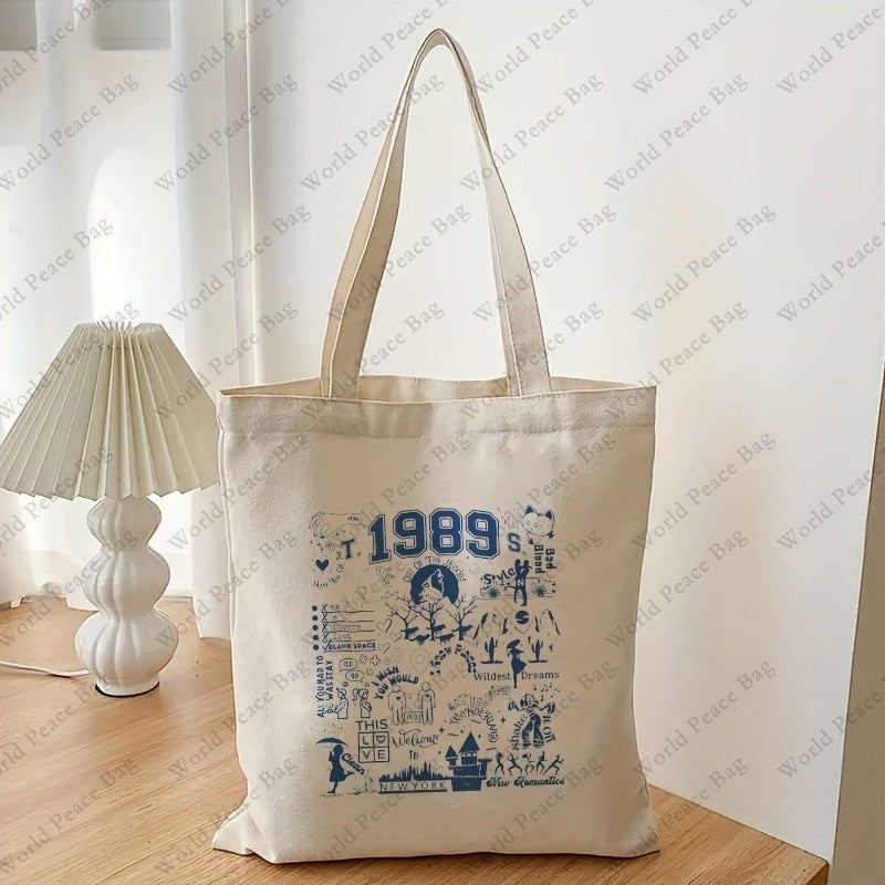 1pc 1989 pattern Canvas Shopping Bag, TS Merch Portable Shoulder Bag, taylor's version Trendy Tote Bag For Daily Life