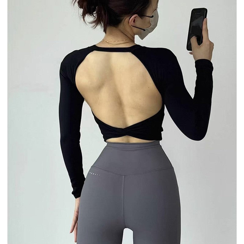 Yoga Long Sleeved Women's Fixed Chest Cushion Sexy Backless Short Sports T-shirt With Waist Cinching And Slimming Fitness Vest