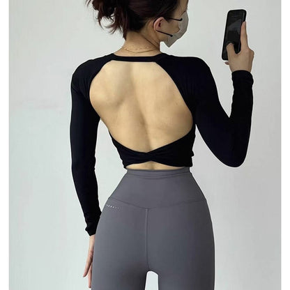 Yoga Long Sleeved Women's Fixed Chest Cushion Sexy Backless Short Sports T-shirt With Waist Cinching And Slimming Fitness Vest