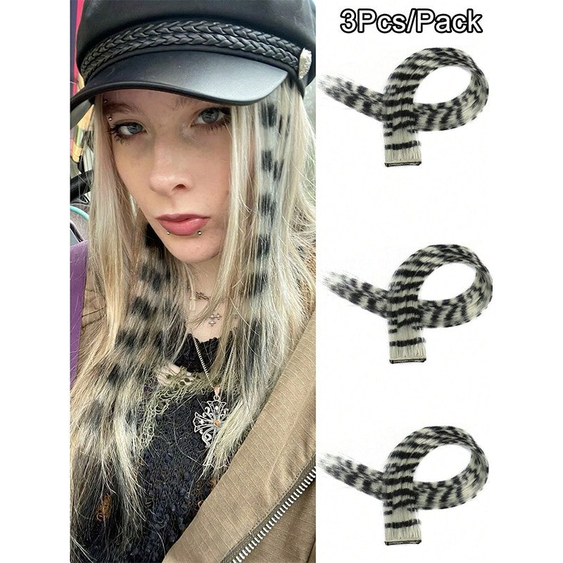 3Pcs Leopard Print Hair Extensions Synthetic Stripe Printed Hair Piece Colorful Long Straight Clip In Hair For Women Girls Party