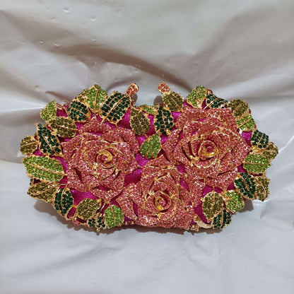 Luxury Women Pink Flower Clutch Bags Stone Evening Bags Bridal Rhinestone Handbags Wedding Clutches Bags Dinner Minaudiere Purse