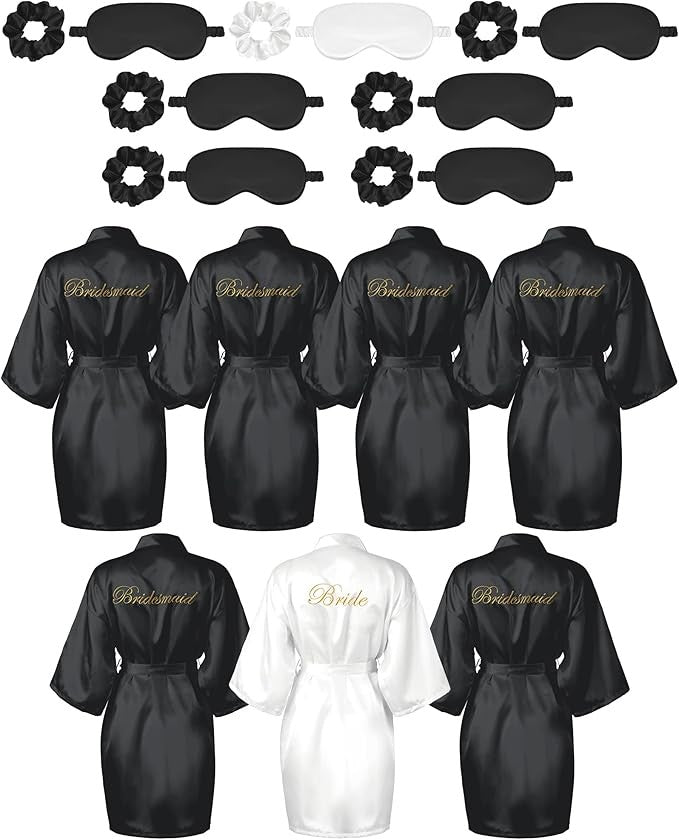 7 Pcs Bridesmaid Robe Sets Bride Silk Satin Bridal Party with Sleeping Eye Mask and Elastic Headband