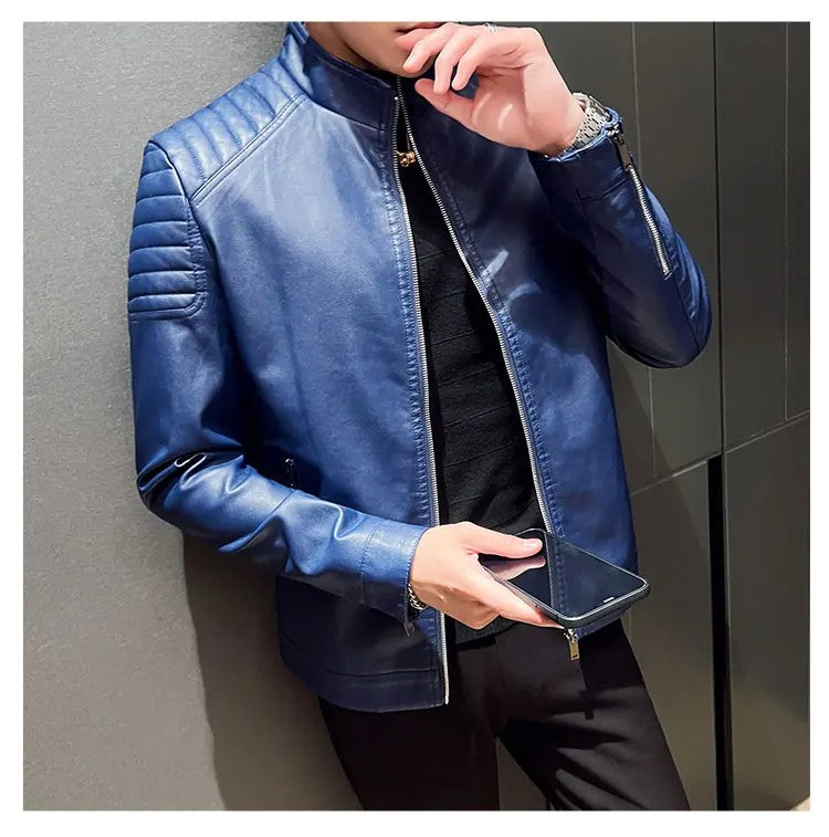 Men standing collar Jacke, leather motorcycle jacket men,bomber leather coat?fashion trend personalized leather winter clothing