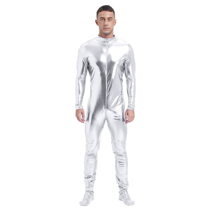 Men's Shiny Metallic Zentai Dress-up Jumpsuit Cosplay Costume Performance Stage Disco Clubwear Full Body Unitard Tights Leotard