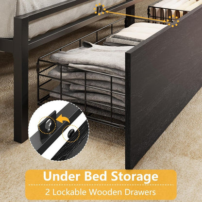 Cama Box de Casal com Estrutura de Madeira, Cama Box de Casal com Plataforma de Metal, 2 Gavetas de Armazenamento e Prateleira, Luzes de LED