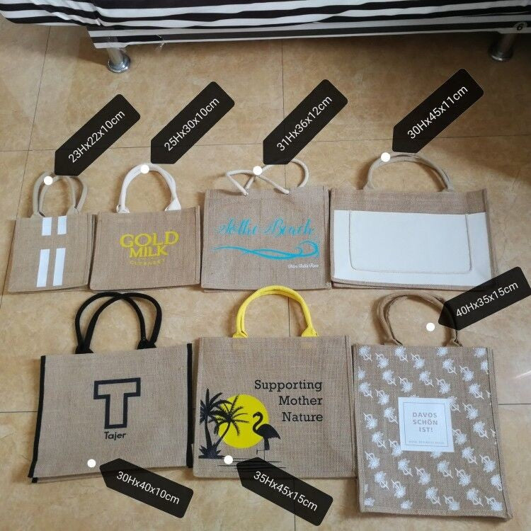 100pcs/lot Custom Printed Grocery Eco Friendly Waterproof Natural Laminated Burlap Sack Jute Beach Bag for Women Towel Wedding