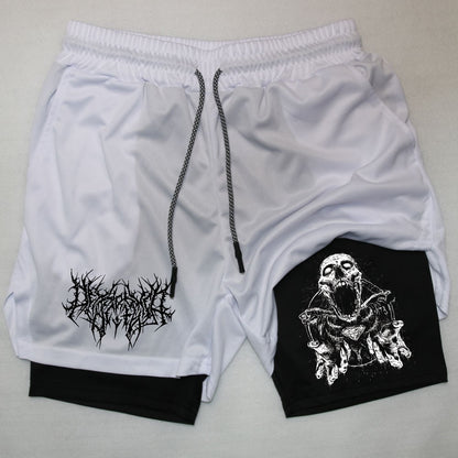 Shorts Men Quick-drying Fitness Skull Print Double Layer Shorts Workout Training Running Bodybuilding Sportwear