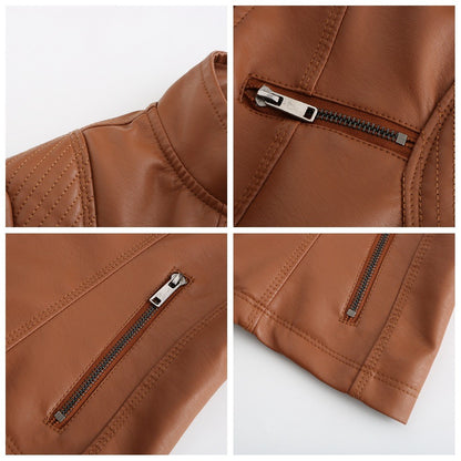 Women's Slim Leather Jacket, Stand-up Collar, Zipper Stitching, Monochromatic Coat, Fashion Clothing, New