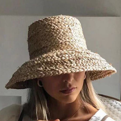 Chapéus de Verão Femininos Retrô Aba Reta Caída Chapéu de Palha de Ráfia Feito à Mão Chapéu de Palha de Praia de Proteção Solar Feminino para Ambientes Externos